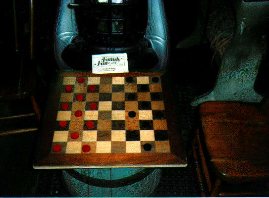 photo of checkerboard at woodstove
